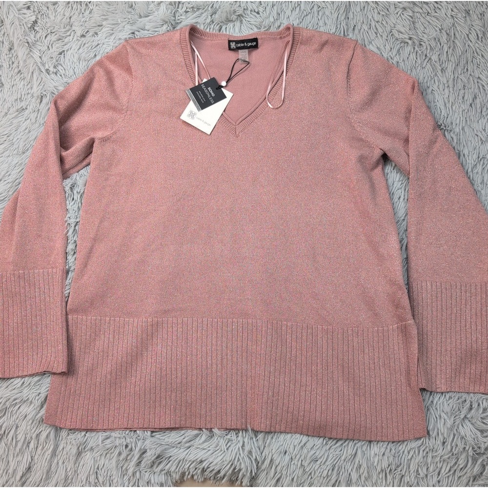 Cable & Gauge Shirt Womens L Pink Top Comfort Casual Preppy Sparkly V Neck New